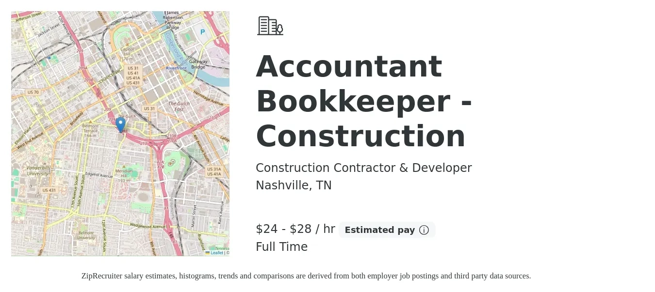 Construction Contractor & Developer job posting for a Accountant Bookkeeper - Construction in Nashville, TN with a salary of $25 to $30 Hourly with a map of Nashville location.