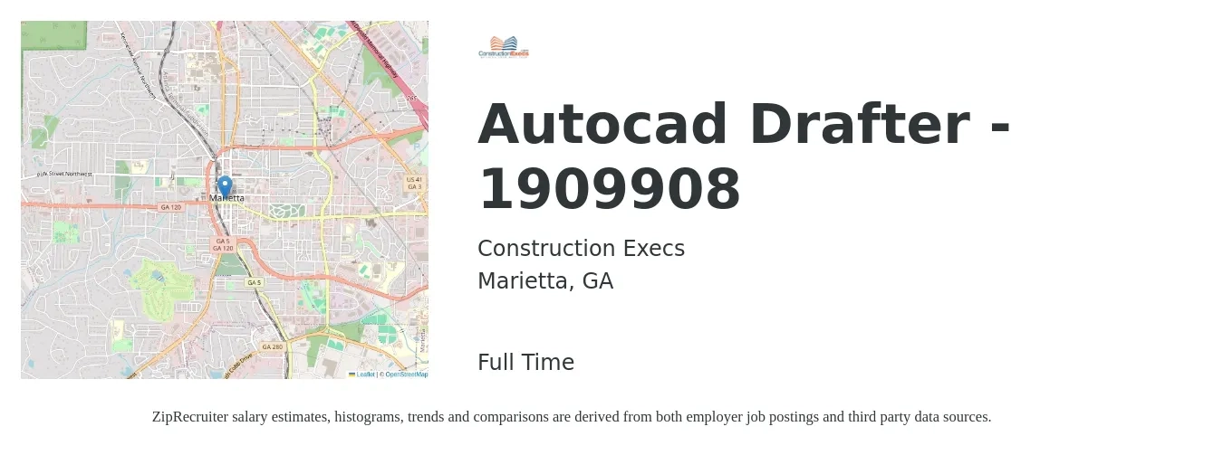Construction Execs job posting for a Autocad Drafter - 1909908 in Marietta, GA with a salary of $20 to $26 Hourly with a map of Marietta location.