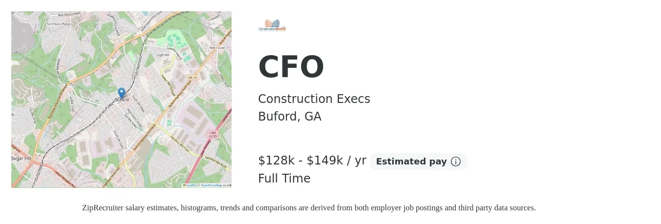 Construction Execs job posting for a CFO in Buford, GA with a salary of $128,000 to $149,000 Yearly with a map of Buford location.