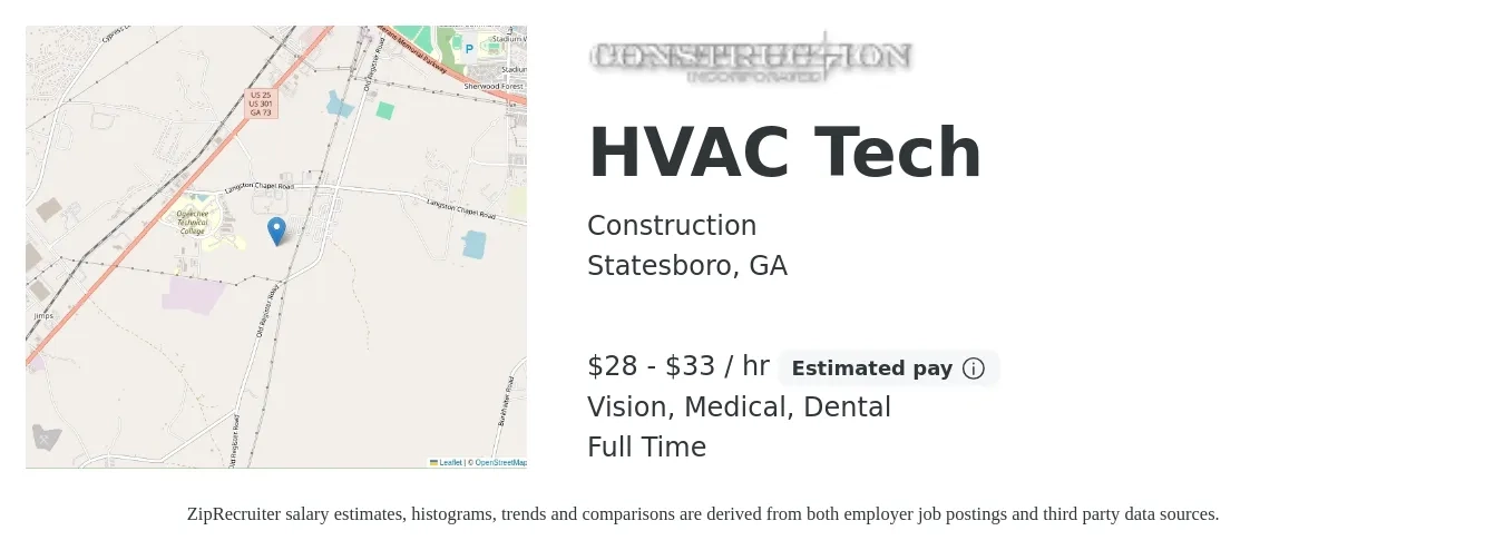 Construction job posting for a HVAC Tech in Statesboro, GA with a salary of $30 to $35 Hourly and benefits including dental, medical, retirement, and vision with a map of Statesboro location.