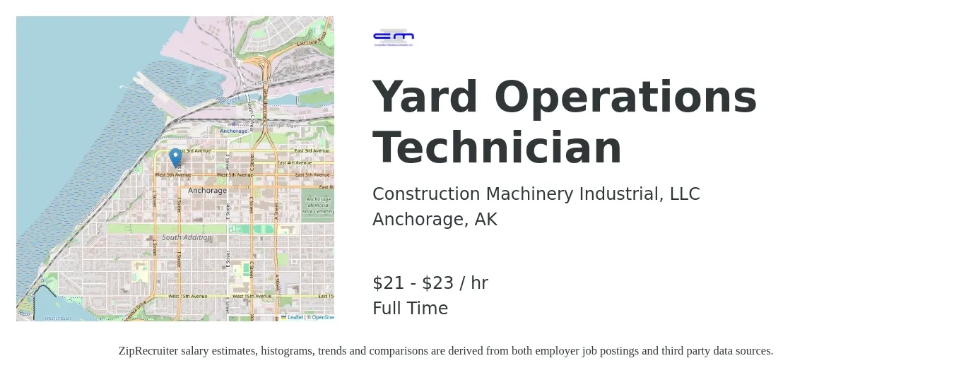 Construction Machinery Industrial, LLC job posting for a Yard Operations Technician in Anchorage, AK with a salary of $22 to $24 Hourly with a map of Anchorage location.
