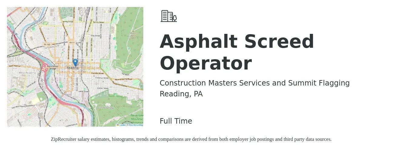 Construction Masters Services and Summit Flagging job posting for a Asphalt Screed Operator in Reading, PA with a salary of $21 to $27 Hourly with a map of Reading location.