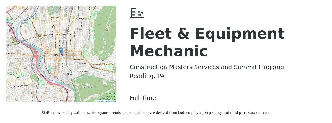 Construction Masters Services and Summit Flagging job posting for a Fleet & Equipment Mechanic in Reading, PA with a salary of $23 to $30 Hourly with a map of Reading location.