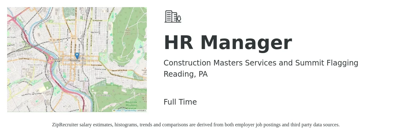 Construction Masters Services and Summit Flagging job posting for a HR Manager in Reading, PA with a salary of $66,300 to $96,000 Yearly with a map of Reading location.