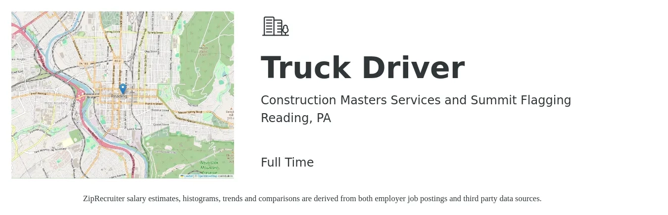 Construction Masters Services and Summit Flagging job posting for a Truck Driver in Reading, PA with a salary of $24 to $28 Hourly with a map of Reading location.