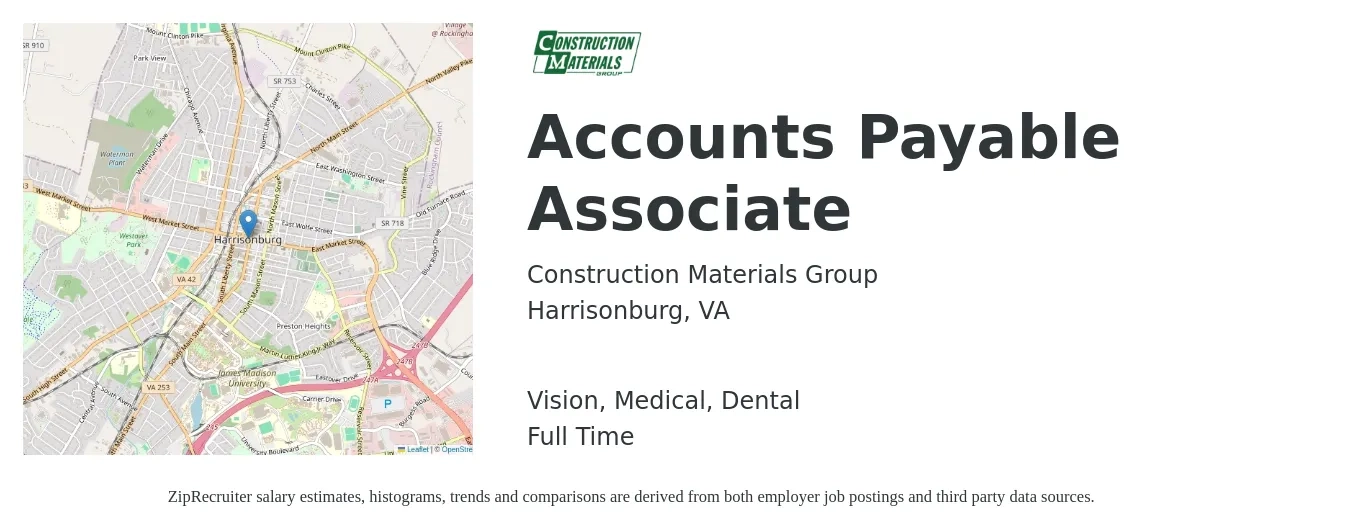 Construction Materials Group job posting for a Accounts Payable Associate in Harrisonburg, VA with a salary of $19 to $24 Hourly and benefits including pto, retirement, vision, dental, life_insurance, and medical with a map of Harrisonburg location.