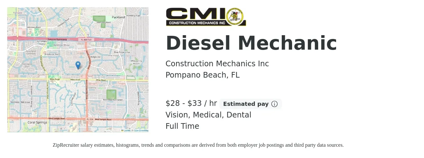 Construction Mechanics Inc job posting for a Diesel Mechanic in Pompano Beach, FL with a salary of $30 to $35 Hourly and benefits including dental, life_insurance, medical, and vision with a map of Pompano Beach location.