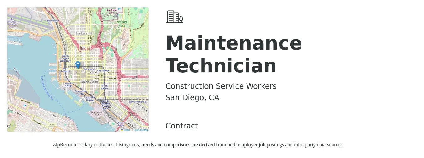 Construction Service Workers job posting for a Maintenance Technician in San Diego, CA with a salary of $20 to $28 Hourly with a map of San Diego location.