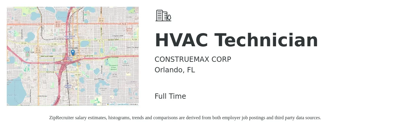 CONSTRUEMAX CORP job posting for a HVAC Technician in Orlando, FL with a salary of $22 to $31 Hourly with a map of Orlando location.