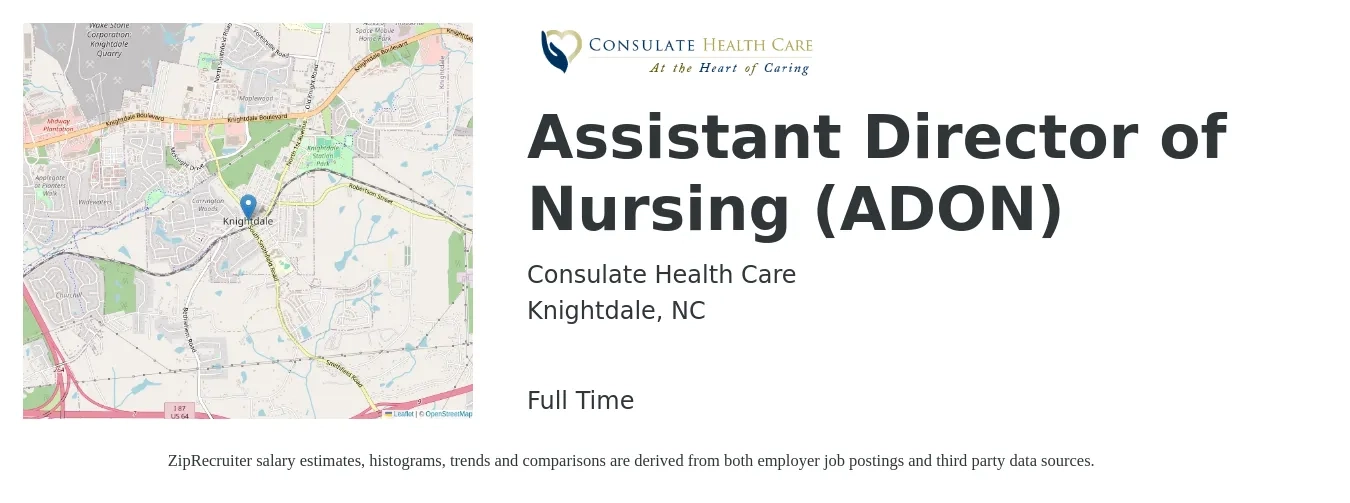 Consulate Health Care job posting for a Assistant Director of Nursing (ADON) in Knightdale, NC with a salary of $68,400 to $90,900 Yearly with a map of Knightdale location.