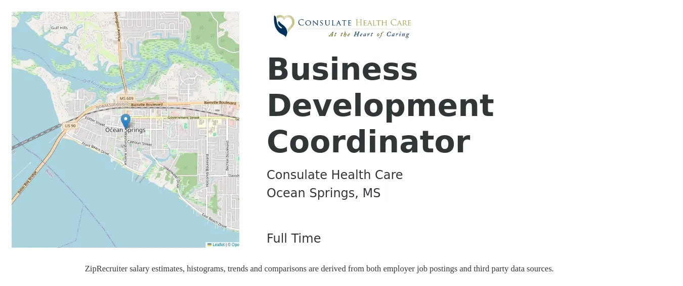 Consulate Health Care job posting for a Business Development Coordinator in Ocean Springs, MS with a salary of $23 Hourly with a map of Ocean Springs location.