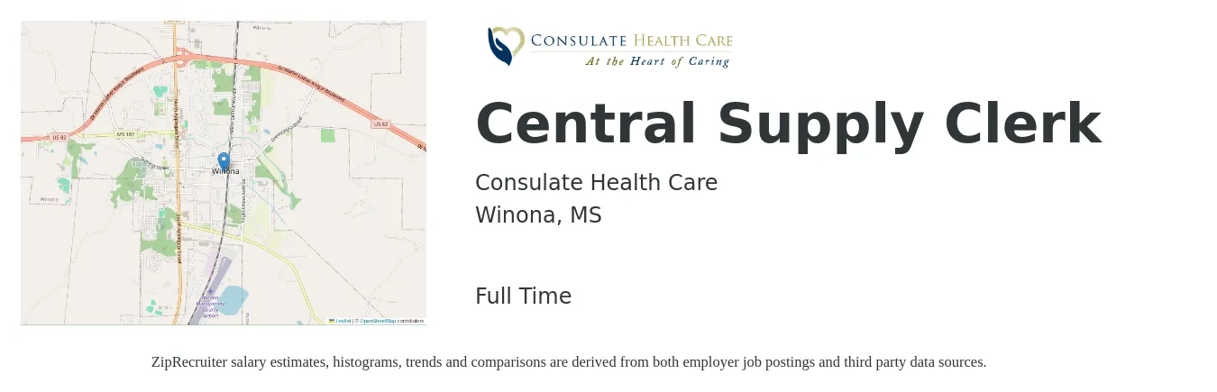 Consulate Health Care job posting for a Central Supply Clerk in Winona, MS with a salary of $16 to $18 Hourly with a map of Winona location.