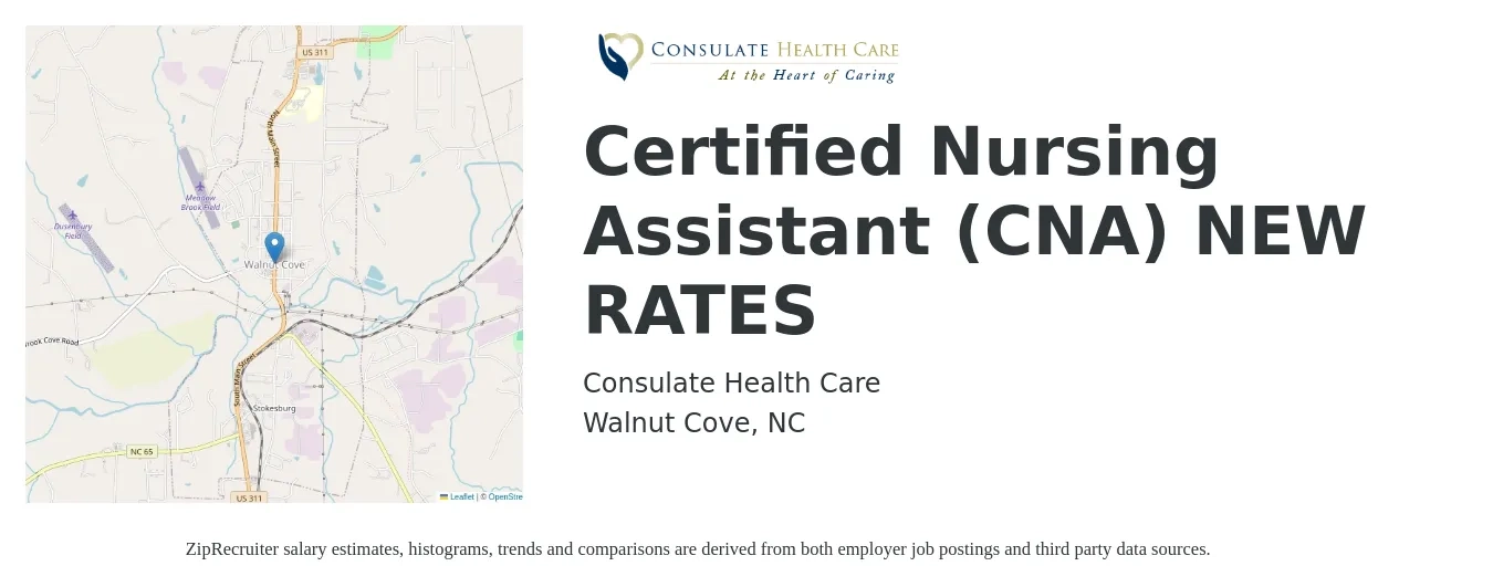 Consulate Health Care job posting for a Certified Nursing Assistant (CNA) NEW RATES in Walnut Cove, NC with a salary of $14 to $20 Hourly with a map of Walnut Cove location.