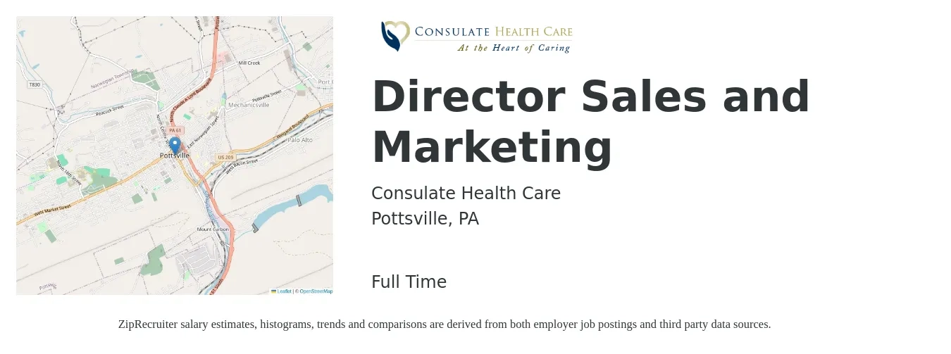 Consulate Health Care job posting for a Director Sales and Marketing in Pottsville, PA with a salary of $58,100 to $104,800 Yearly with a map of Pottsville location.