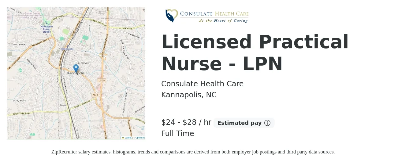 Consulate Health Care job posting for a Licensed Practical Nurse - LPN in Kannapolis, NC with a salary of $25 to $30 Hourly with a map of Kannapolis location.