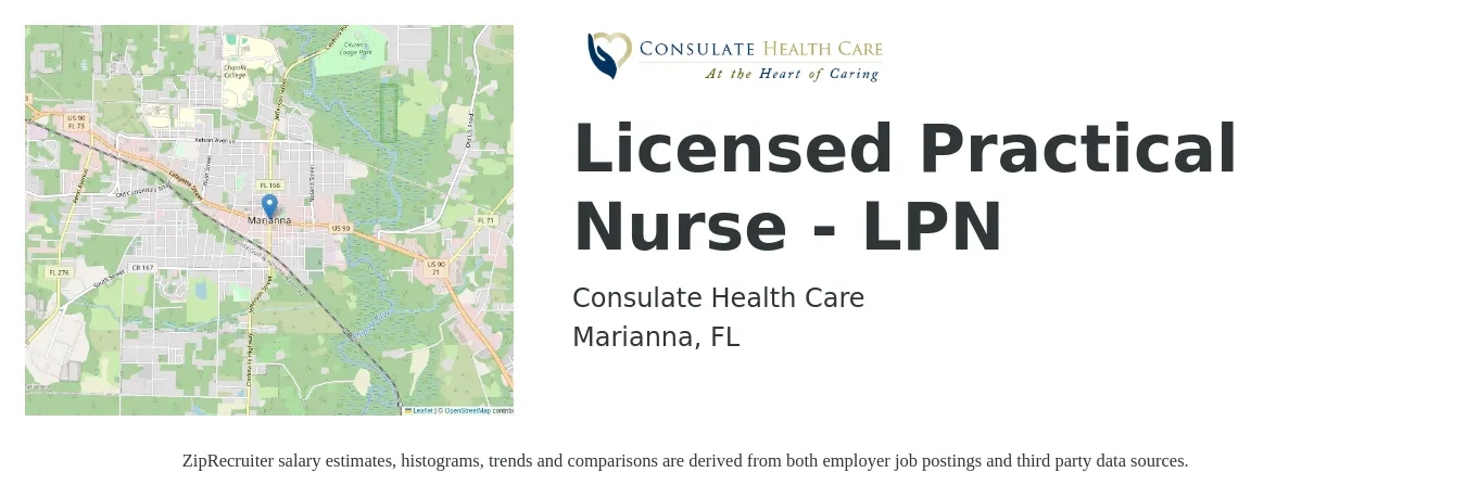 Consulate Health Care job posting for a Licensed Practical Nurse - LPN in Marianna, FL with a salary of $23 to $32 Hourly with a map of Marianna location.