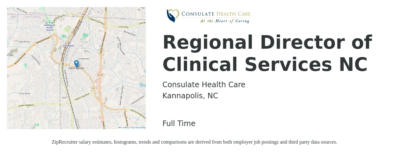 Consulate Health Care job posting for a Regional Director of Clinical Services NC in Kannapolis, NC with a salary of $88,600 to $120,600 Yearly with a map of Kannapolis location.