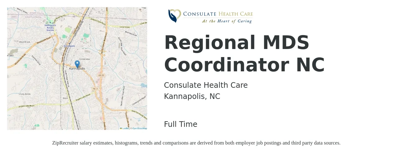 Consulate Health Care job posting for a Regional MDS Coordinator NC in Kannapolis, NC with a salary of $34 to $43 Hourly with a map of Kannapolis location.