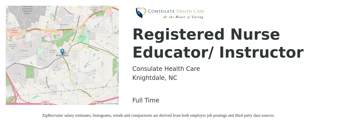 Consulate Health Care job posting for a Registered Nurse Educator/ Instructor in Knightdale, NC with a salary of $38 to $40 Hourly with a map of Knightdale location.