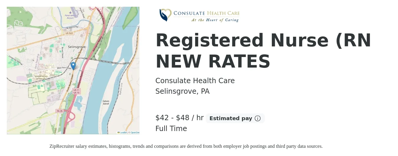 Consulate Health Care job posting for a Registered Nurse (RN) NEW RATES in Selinsgrove, PA with a salary of $44 to $51 Hourly with a map of Selinsgrove location.