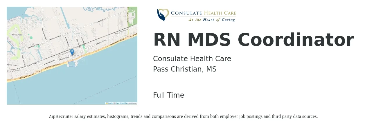 Consulate Health Care job posting for a RN MDS Coordinator in Pass Christian, MS with a salary of $32 to $38 Hourly with a map of Pass Christian location.