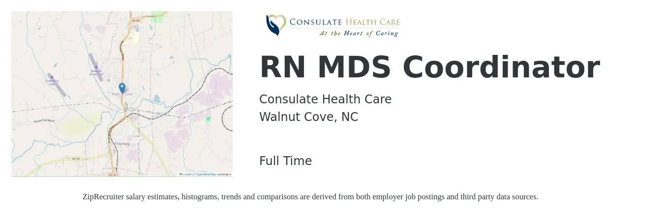 Consulate Health Care job posting for a RN MDS Coordinator in Walnut Cove, NC with a salary of $32 to $38 Hourly with a map of Walnut Cove location.