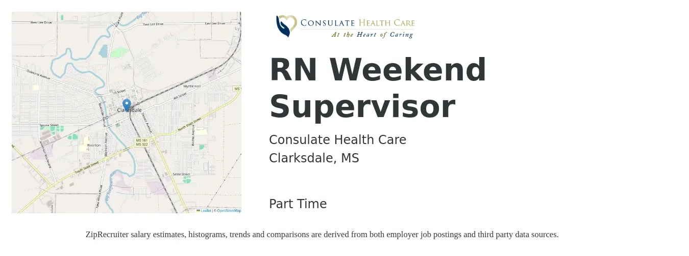 Consulate Health Care job posting for a RN Weekend Supervisor in Clarksdale, MS with a salary of $40 to $58 Hourly with a map of Clarksdale location.
