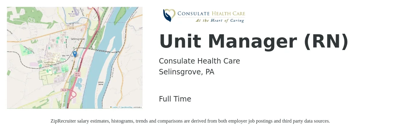 Consulate Health Care job posting for a Unit Manager (RN) in Selinsgrove, PA with a salary of $39 to $52 Hourly with a map of Selinsgrove location.