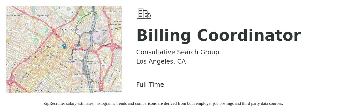 Consultative Search Group job posting for a Billing Coordinator in Los Angeles, CA with a salary of $22 to $34 Hourly with a map of Los Angeles location.
