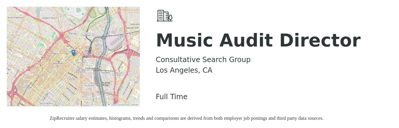 Consultative Search Group job posting for a Music Audit Director in Los Angeles, CA with a salary of $121,800 to $184,800 Yearly with a map of Los Angeles location.