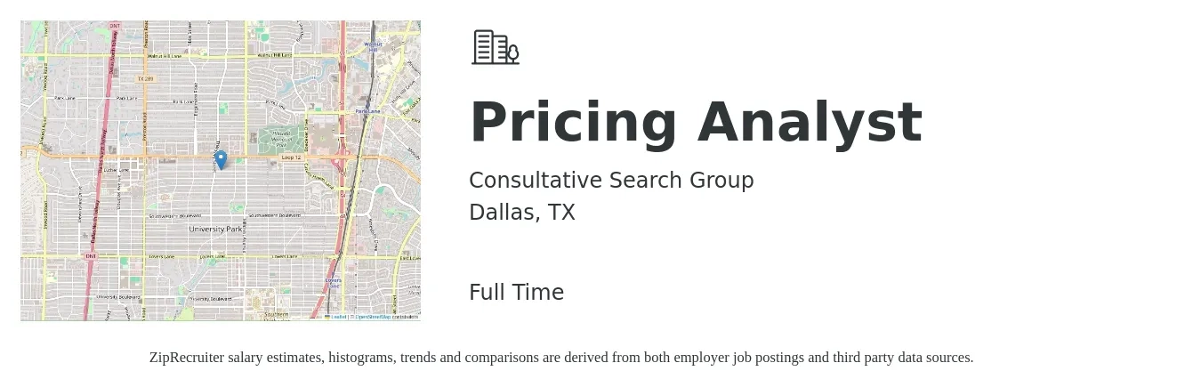 Consultative Search Group job posting for a Pricing Analyst in Dallas, TX with a salary of $53,400 to $79,700 Yearly with a map of Dallas location.