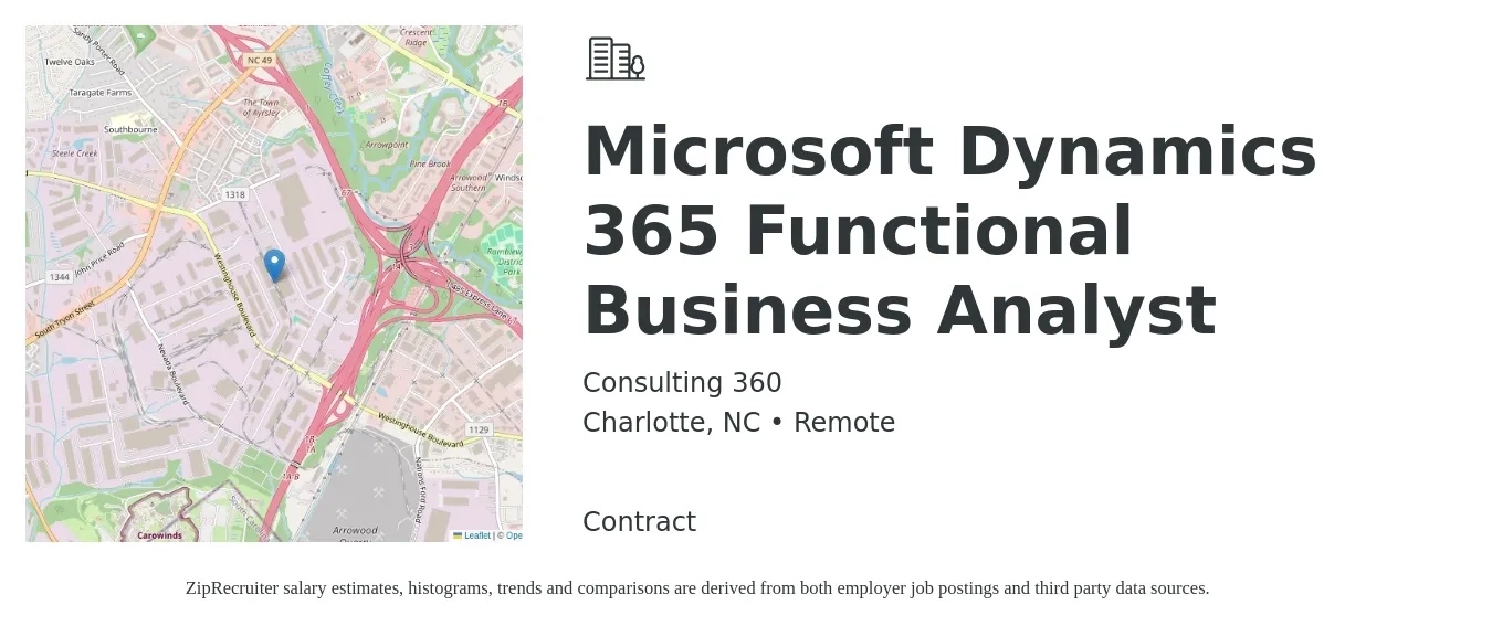 Consulting 360 job posting for a Microsoft Dynamics 365 Functional Business Analyst in Charlotte, NC with a salary of $64 to $84 Hourly with a map of Charlotte location.