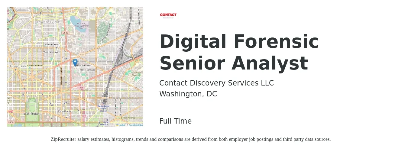 Contact Discovery Services LLC job posting for a Digital Forensic Senior Analyst in Washington, DC with a salary of $45,100 to $103,200 Yearly with a map of Washington location.