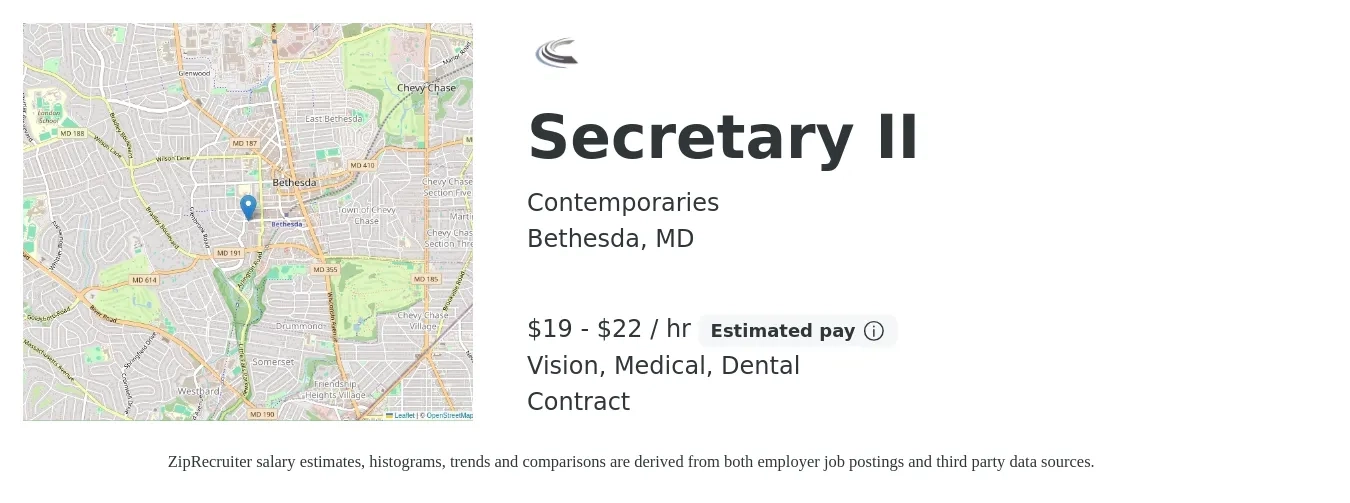Contemporaries job posting for a Secretary II in Bethesda, MD with a salary of $20 to $23 Hourly and benefits including medical, pto, retirement, vision, and dental with a map of Bethesda location.