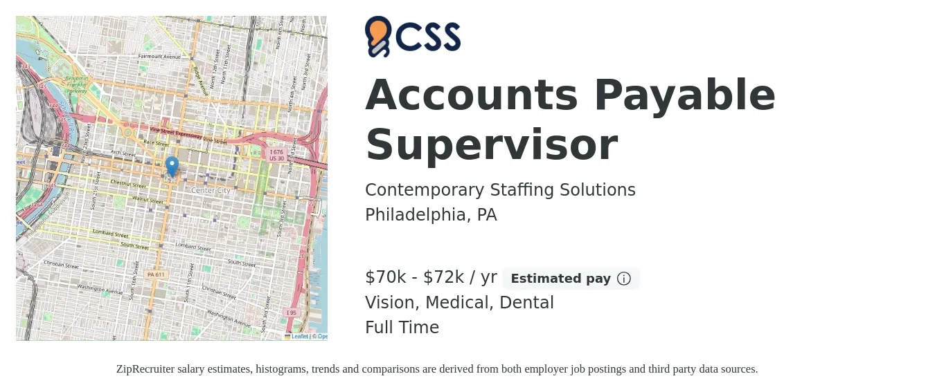 Contemporary Staffing Solutions job posting for a Accounts Payable Supervisor in Philadelphia, PA with a salary of $70,000 to $72,000 Yearly and benefits including dental, medical, pto, retirement, and vision with a map of Philadelphia location.