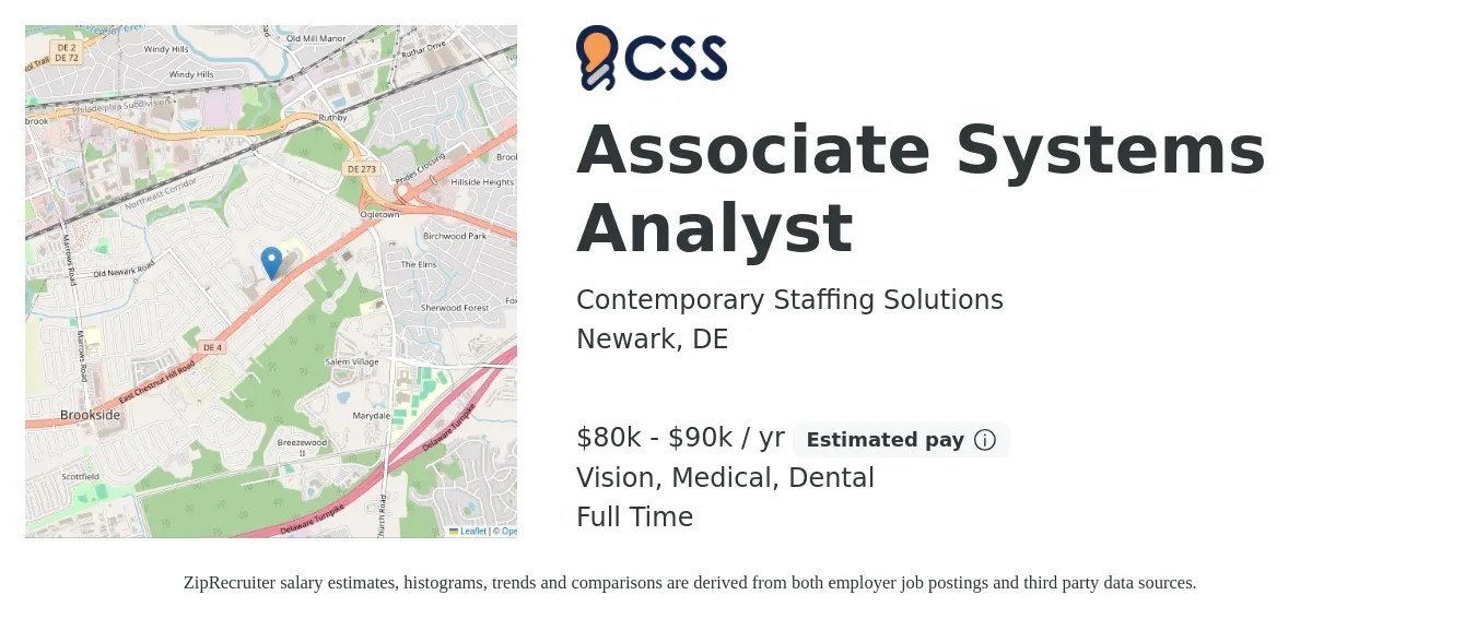 Contemporary Staffing Solutions job posting for a Associate Systems Analyst in Newark, DE with a salary of $80,000 to $90,000 Yearly and benefits including dental, life_insurance, medical, pto, retirement, and vision with a map of Newark location.