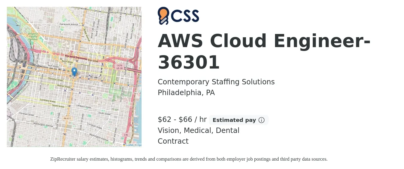Contemporary Staffing Solutions job posting for a AWS Cloud Engineer- 36301 in Philadelphia, PA with a salary of $65 to $69 Hourly and benefits including dental, life_insurance, medical, retirement, and vision with a map of Philadelphia location.