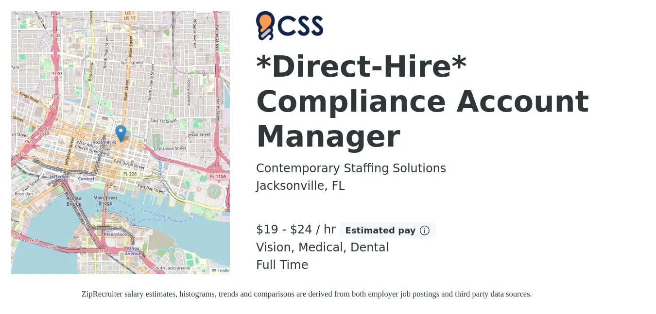 Contemporary Staffing Solutions job posting for a *Direct-Hire* Compliance Account Manager in Jacksonville, FL with a salary of $20 to $25 Hourly and benefits including life_insurance, medical, pto, retirement, vision, and dental with a map of Jacksonville location.