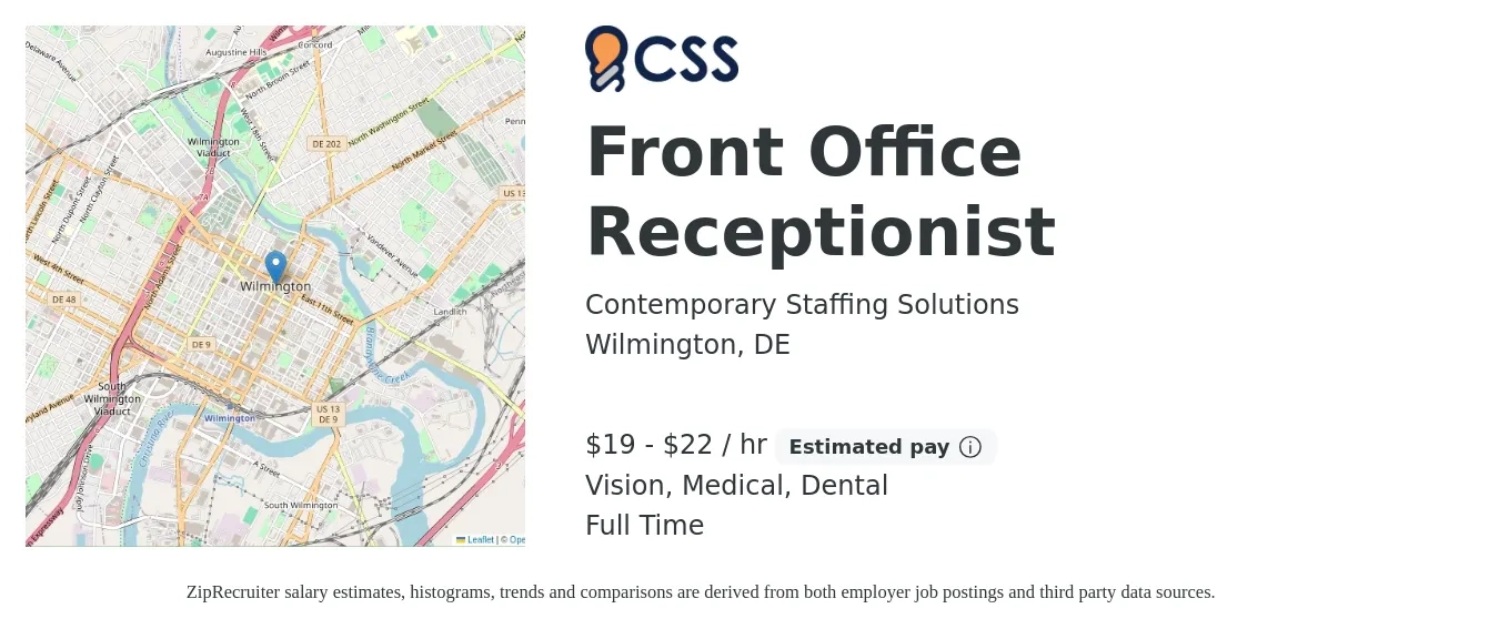 Contemporary Staffing Solutions job posting for a Front Office Receptionist in Wilmington, DE with a salary of $20 to $23 Hourly and benefits including dental, medical, and vision with a map of Wilmington location.