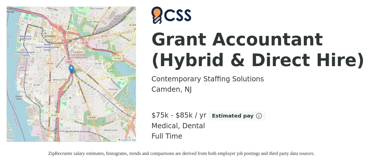 Contemporary Staffing Solutions job posting for a Grant Accountant (Hybrid & Direct Hire) in Camden, NJ with a salary of $75,000 to $85,000 Yearly and benefits including medical, retirement, and dental with a map of Camden location.