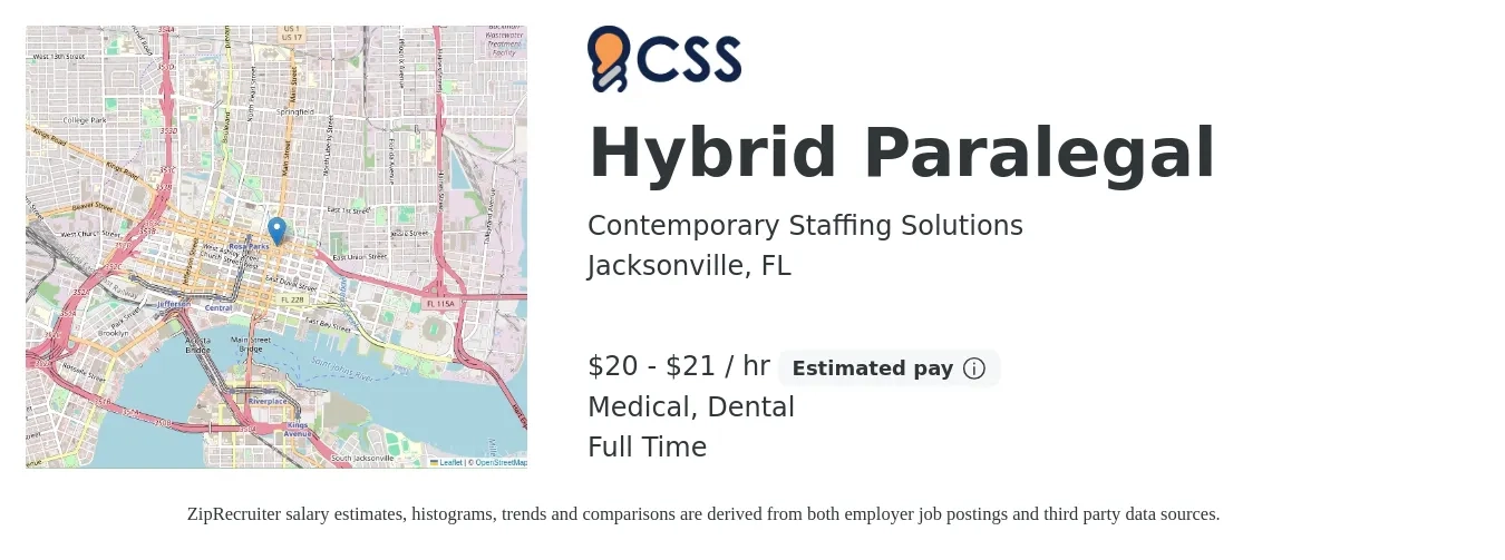 Contemporary Staffing Solutions job posting for a Hybrid Paralegal in Jacksonville, FL with a salary of $21 to $22 Hourly and benefits including life_insurance, medical, retirement, and dental with a map of Jacksonville location.