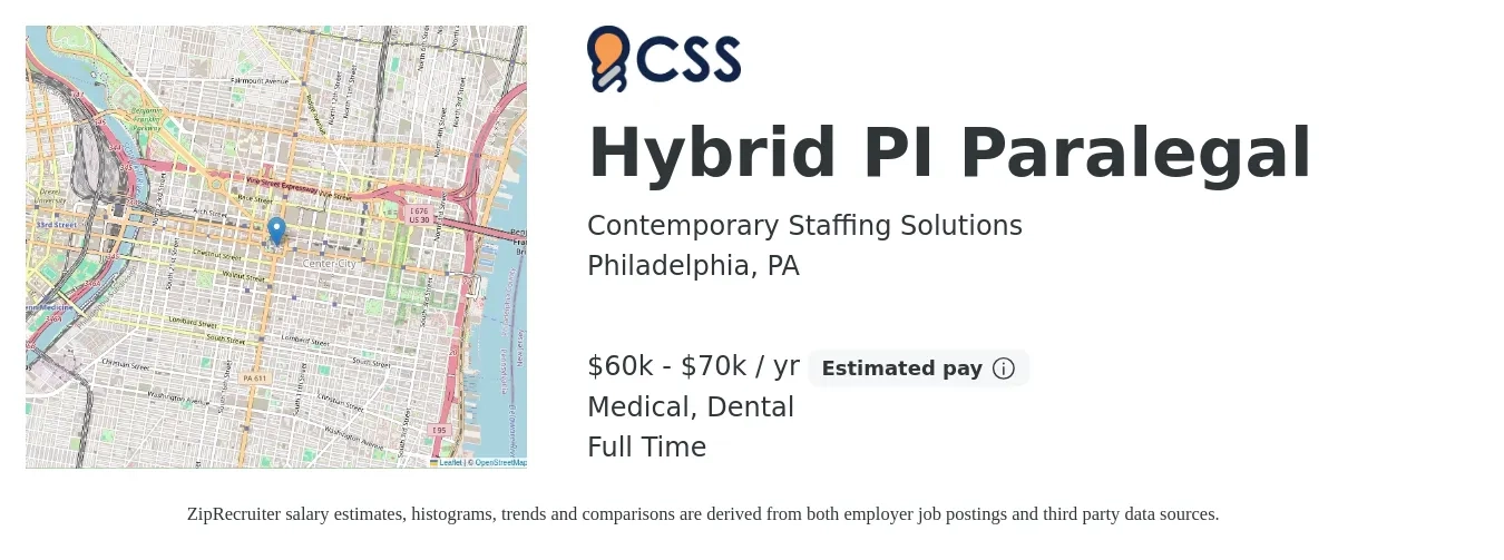 Contemporary Staffing Solutions job posting for a Hybrid PI Paralegal in Philadelphia, PA with a salary of $60,000 to $70,000 Yearly and benefits including dental, medical, and retirement with a map of Philadelphia location.