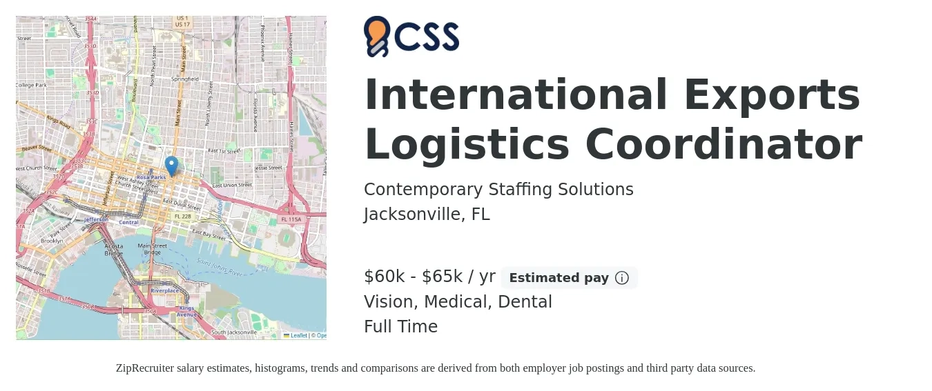 Contemporary Staffing Solutions job posting for a International Exports Logistics Coordinator in Jacksonville, FL with a salary of $60,000 to $65,000 Yearly and benefits including dental, life_insurance, medical, pto, retirement, and vision with a map of Jacksonville location.