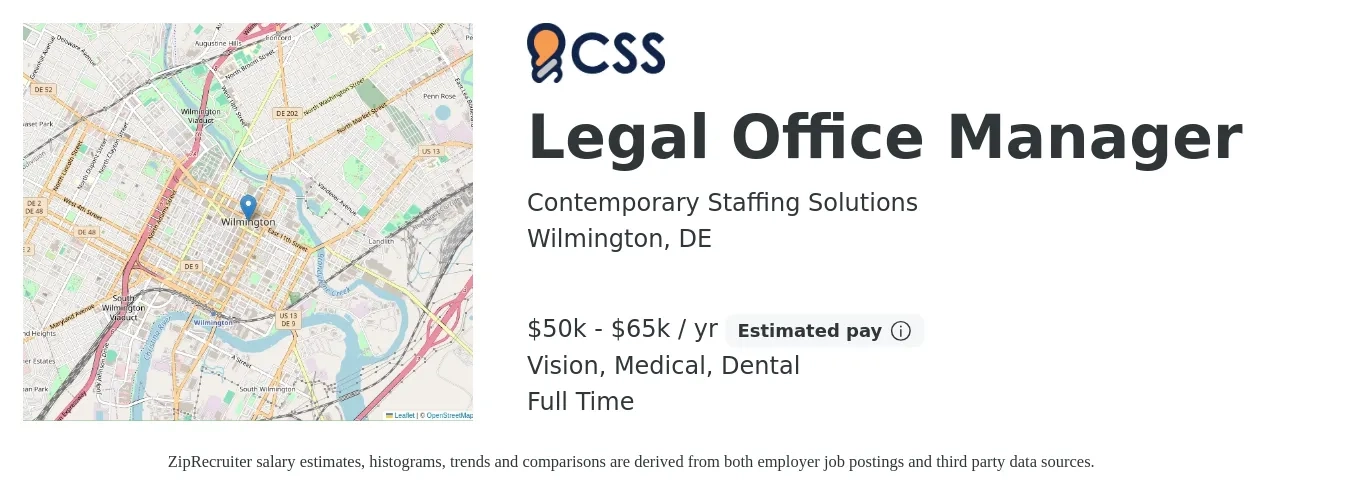 Contemporary Staffing Solutions job posting for a Legal Office Manager in Wilmington, DE with a salary of $50,000 to $65,000 Yearly and benefits including dental, life_insurance, medical, pto, retirement, and vision with a map of Wilmington location.