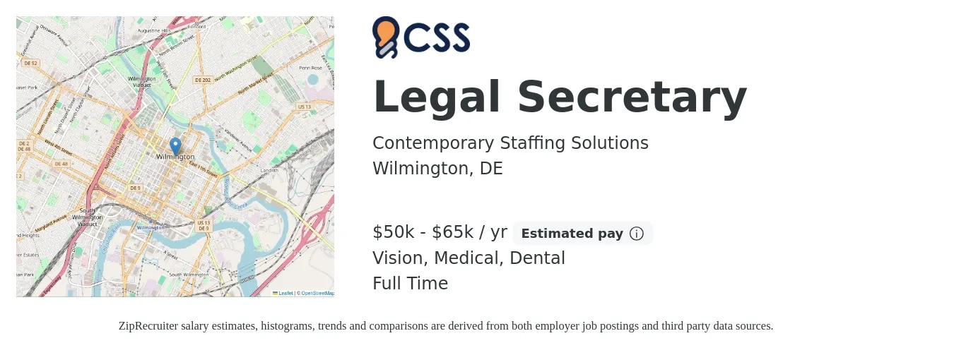 Contemporary Staffing Solutions job posting for a Legal Secretary in Wilmington, DE with a salary of $50,000 to $65,000 Yearly and benefits including dental, life_insurance, medical, pto, retirement, and vision with a map of Wilmington location.