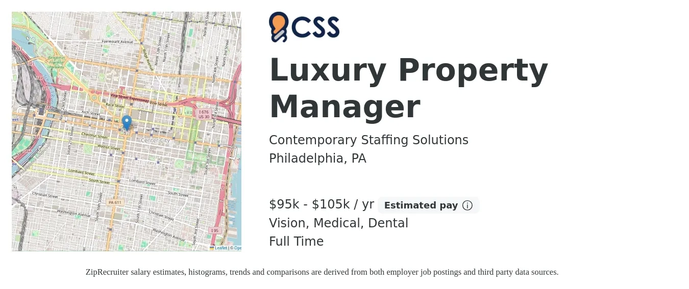 Contemporary Staffing Solutions job posting for a Luxury Property Manager in Philadelphia, PA with a salary of $95,000 to $105,000 Yearly and benefits including life_insurance, medical, pto, retirement, vision, and dental with a map of Philadelphia location.