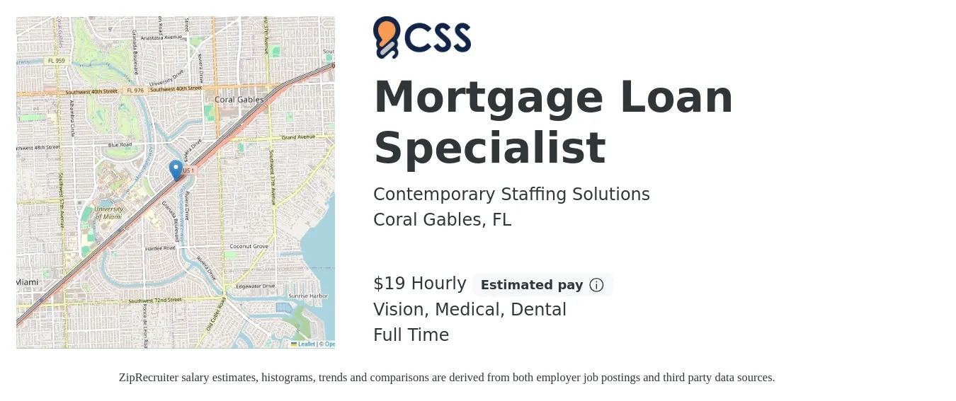 Contemporary Staffing Solutions job posting for a Mortgage Loan Specialist in Coral Gables, FL with a salary of $20 Hourly and benefits including medical, retirement, vision, dental, and life_insurance with a map of Coral Gables location.