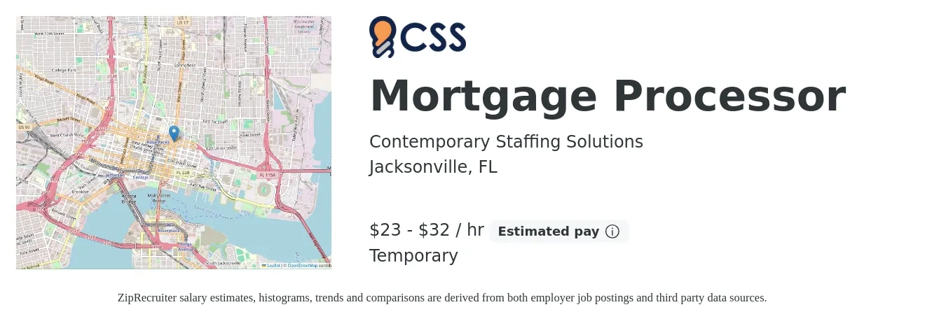 Contemporary Staffing Solutions job posting for a Mortgage Processor in Jacksonville, FL with a salary of $24 to $34 Hourly with a map of Jacksonville location.