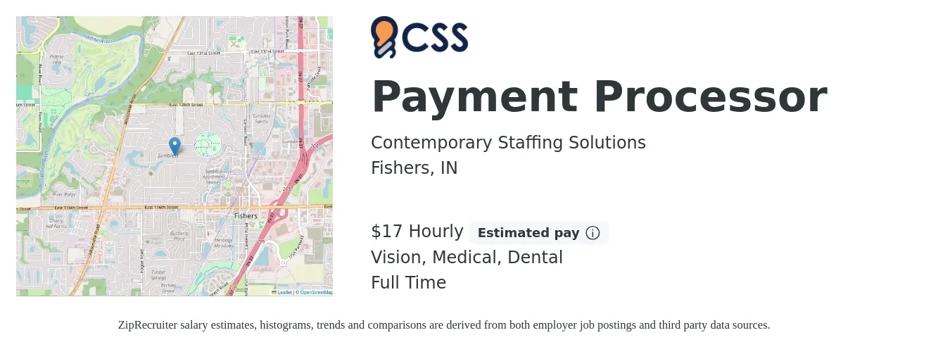 Contemporary Staffing Solutions job posting for a Payment Processor in Fishers, IN with a salary of $18 Hourly and benefits including medical, pto, retirement, vision, dental, and life_insurance with a map of Fishers location.