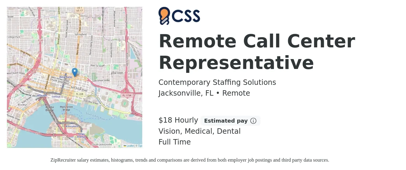 Contemporary Staffing Solutions job posting for a Remote Call Center Representative in Jacksonville, FL with a salary of $19 Hourly and benefits including medical, pto, retirement, vision, dental, and life_insurance with a map of Jacksonville location.